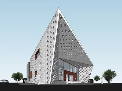 Modern Triangular Building With Diamond Shaped Facade Glass Panels And Surrounding Trees 3d model
