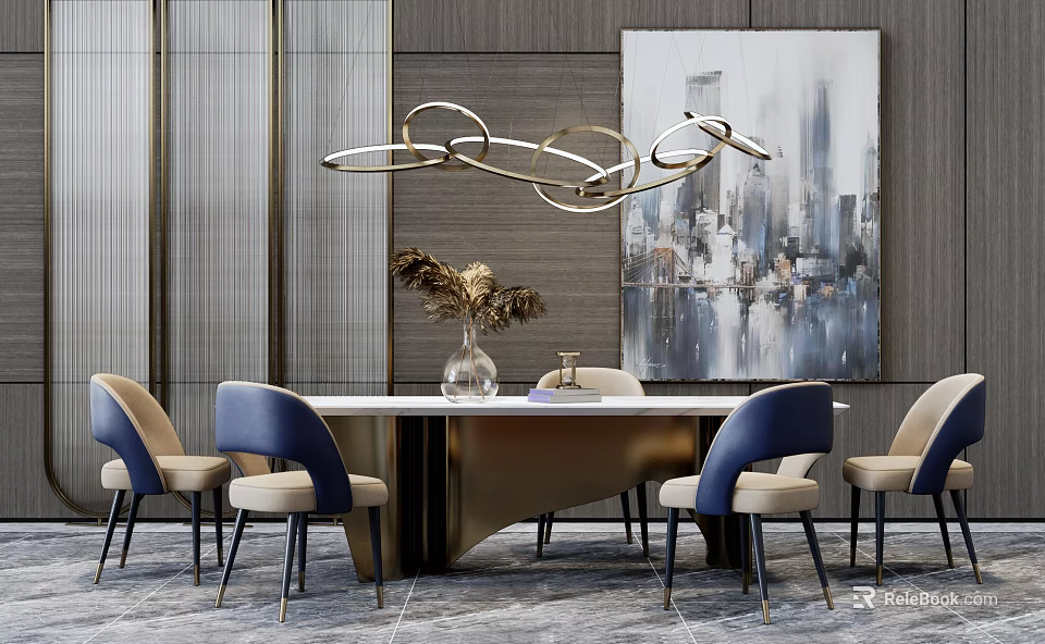 Elegant Modern Dining Table Set With Gold Ring Chandelier Blue Beige Chairs And Wall Art 3d model 