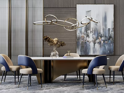 Elegant Modern Dining Table Set With Gold Ring Chandelier Blue Beige Chairs And Wall Art 3d model