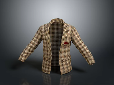 Brown Beige Plaid Blazer With Light Inner Lining And Red Pocket Emblem Detail 3d model