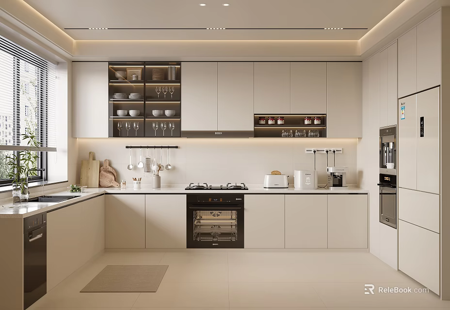 Modern Kitchen Interior With White Cabinets Island Counter Appliances And Storage Cabinets 3d model 