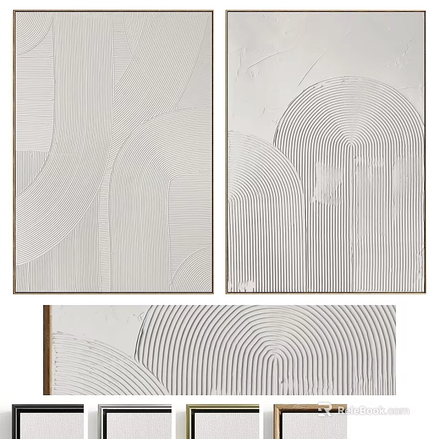 Set of Framed Abstract Paintings With Curved Lines And Monochrome Design 3d model 