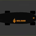 Black Deck Skull Board Skateboard with Orange Flame Logo and Large Blue Wheels