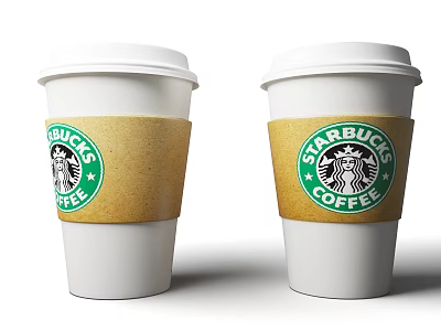Two Disposable Starbucks Coffee Cups With White Lids And Brown Sleeves 3d model