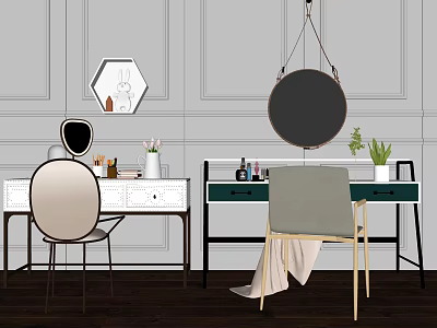 Stylish Modern Dressing Tables With Round Mirrors And Decorative Plants 3d model
