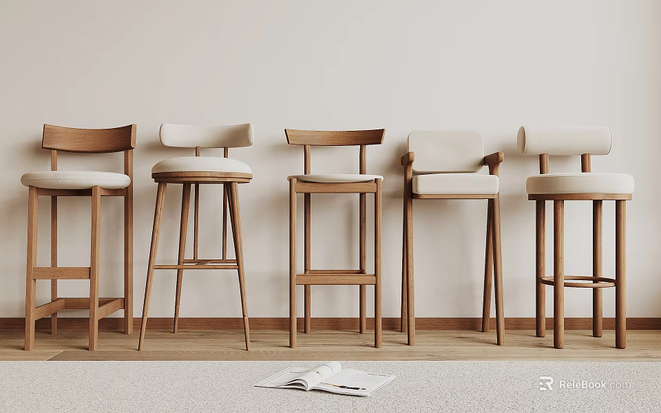 Modern Minimalist Bar Stools With Wooden Frame Different Backrest Designs And Upholstered Seats 3d model 
