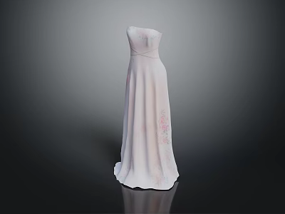White Strapless Long Dress With Pink Floral Patterns And Flowy Skirt Design 3d model