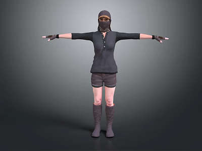Woman In Dark Top And Shorts With Hat Face Mask And Outstretched Arms 3d model