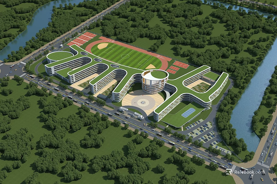 Modern School Building with Green Roof Circular Structure Surrounded by Trees River Football Field Track 3d model 
