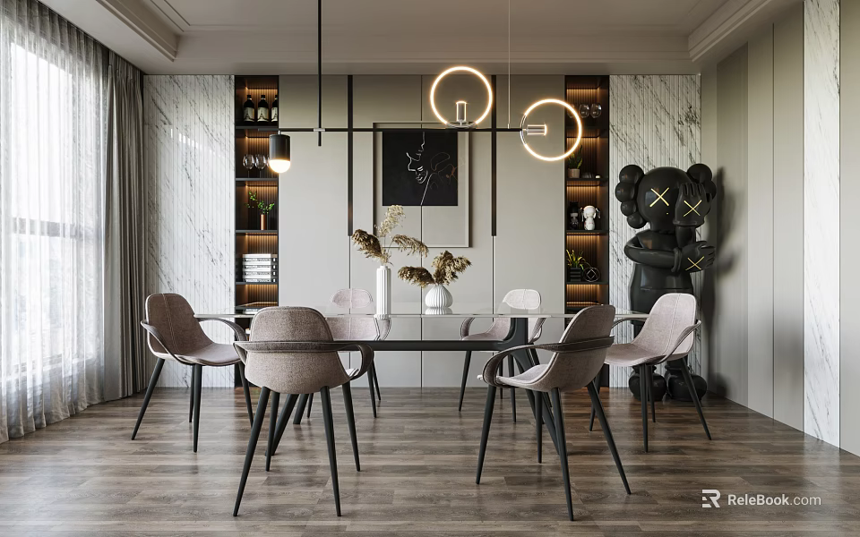 Elegant Modern Dining Table Set With Light Grey Chairs And Round Pendant Lights 3d model