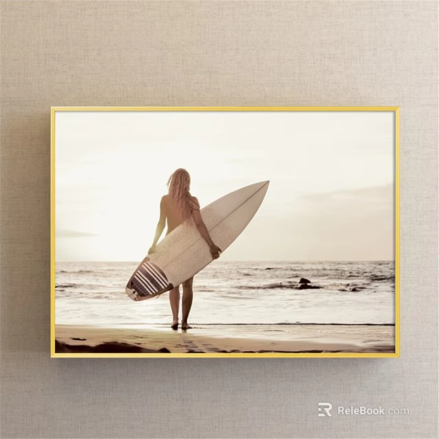 Portrait Painting of Woman Holding Surfboard Standing on Beach with Ocean View at Sunset 3d model 