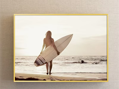 Portrait Painting of Woman Holding Surfboard Standing on Beach with Ocean View at Sunset 3d model