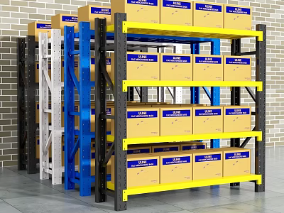 Multi Colored Frame Storage Racks With Yellow Boxes And Brick Wall 3d model