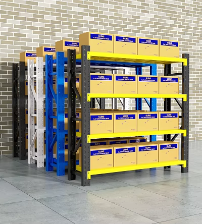 Multi Colored Frame Storage Racks With Yellow Boxes And Brick Wall 3d model