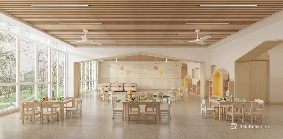 Bright Kindergarten Interior With Wooden Ceiling Ceiling Fans Large Windows Colorful Balloon Decorations And Tables 3d model 