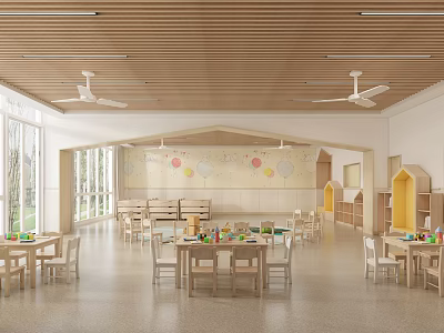 Bright Kindergarten Interior With Wooden Ceiling Ceiling Fans Large Windows Colorful Balloon Decorations And Tables 3d model