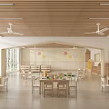 Bright Kindergarten Interior With Wooden Ceiling Ceiling Fans Large Windows Colorful Balloon Decorations And Tables