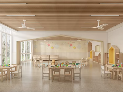Bright Kindergarten Interior With Wooden Ceiling Ceiling Fans Large Windows Colorful Balloon Decorations And Tables 3d model