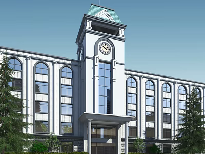 Classical School Building With Green Roof Clock Tower Arched Windows And Trees In Front 3d model