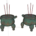 Two Bronze Colored Incense Burners Decorative Ornament Set With Legs Handles And Incense Sticks