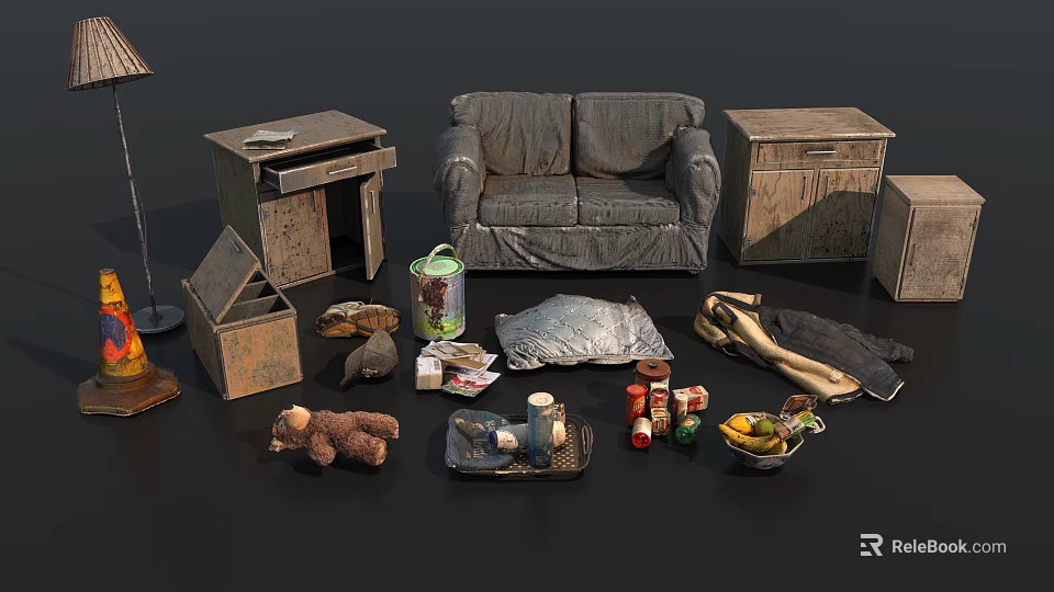Vintage Furniture Collection With Sofa Tables Cabinets Lamp Teddy Bear Cans Fruit Bowl And Cloth 3d model 