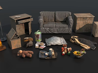 Vintage Furniture Collection With Sofa Tables Cabinets Lamp Teddy Bear Cans Fruit Bowl And Cloth 3d model