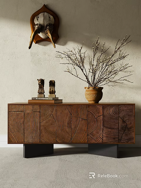 Wooden Entryway Console Table With Carved Texture Terracotta Vase Twig Branches And Figurines On Books 3d model 