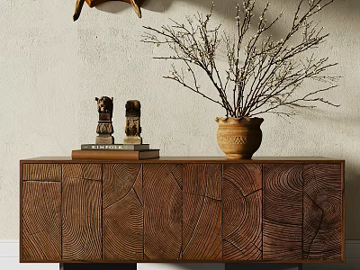 Wooden Entryway Console Table With Carved Texture Terracotta Vase Twig Branches And Figurines On Books 3d model