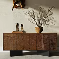 Wooden Entryway Console Table With Carved Texture Terracotta Vase Twig Branches And Figurines On Books