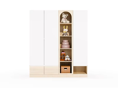 Modern White And Wooden Wardrobe Interior With Open Shelf Storage And Decorative Items 3d model