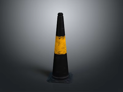 Black And Yellow Striped Traffic Cone With Base Mat On Gray Background 3d model