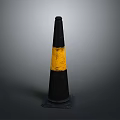 Black And Yellow Striped Traffic Cone With Base Mat On Gray Background