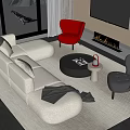 Modern Sofa Coffee Table Set with White L shaped Sofa Black Round Table Red Dark Armchairs 3d model
