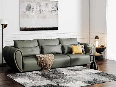 Grey Sectional Sofa in Modern Living Room with Pillows Blanket Rug Side Table Wall Art 3d model