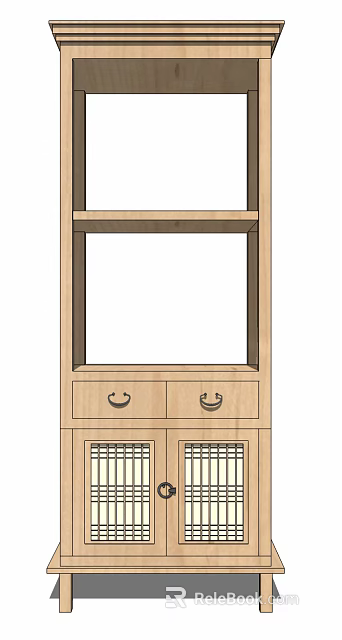 Wooden Sideboard With Open Shelves Drawers And Lattice Doors For Home Storage 3d model 