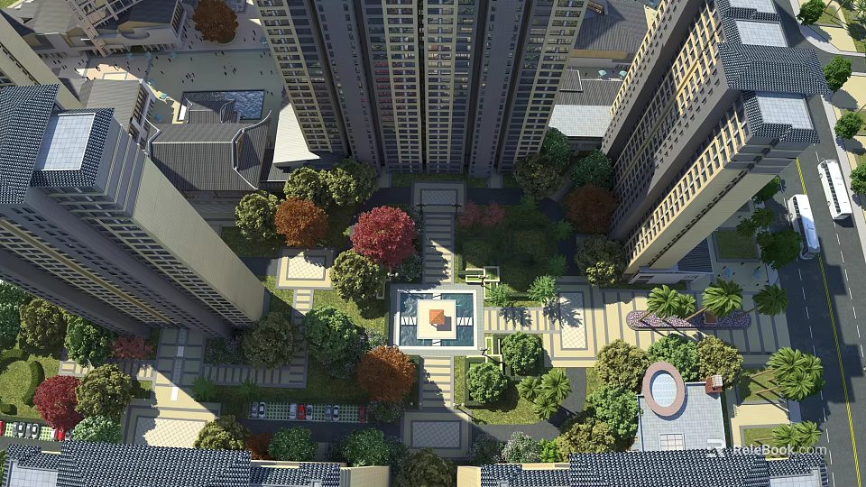 Aerial View Planning of Modern High Rise Area With Greenery Central Square and Parking 3d model 