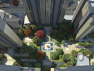 Aerial View Planning of Modern High Rise Area With Greenery Central Square and Parking 3d model