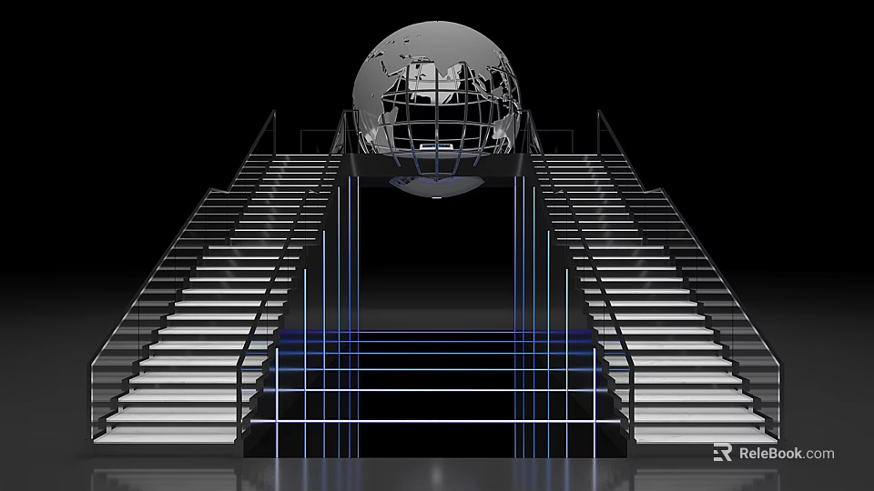 Modern Stairs With Silver Globe And Blue Illuminated Lines On Black Background 3d model 