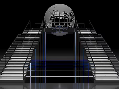 Modern Stairs With Silver Globe And Blue Illuminated Lines On Black Background 3d model