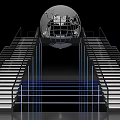 Modern Stairs With Silver Globe And Blue Illuminated Lines On Black Background