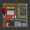 Japanese Style Interior With Wooden Counter Red Lanterns And Red Stools