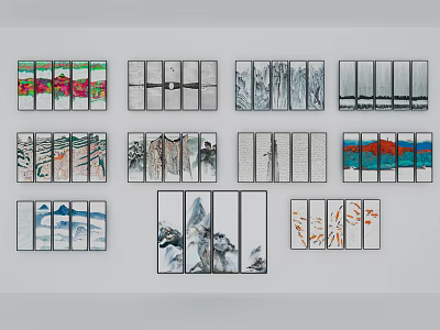Various Style Oil Paintings Wall Display With Landscape And Abstract Artworks 3d model