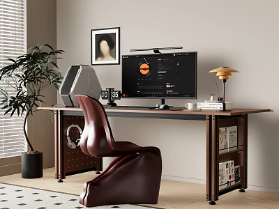 Modern Home Office Desk With Burgundy Leather Chair Computer Monitor Table Lamp And Potted Plant 3d model