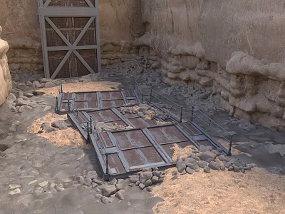 Rustic Stone Walls With Wooden Door And Metal Grating On Gravel Ground 3d model