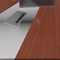 Wooden Conference Table With White Center Stripe Eight Chairs And Laptop Phone Water Cups Setup