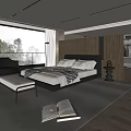 Modern Bedroom Interior With King Size Bed Bench And Floor to Ceiling Window Mountain View 3d model