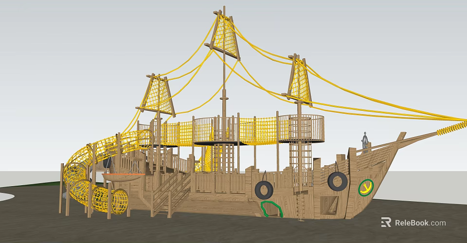Wooden Pirate Ship Playground Structure With Ropes Nets Tires And Ladders 3d model 