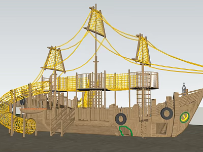 Wooden Pirate Ship Playground Structure With Ropes Nets Tires And Ladders 3d model