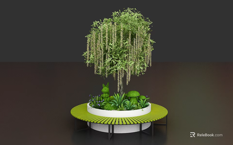 Round Public Chair With Green Bench And Weeping Tree Surrounded By Hanging Plants 3d model 