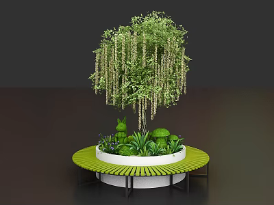 Round Public Chair With Green Bench And Weeping Tree Surrounded By Hanging Plants 3d model